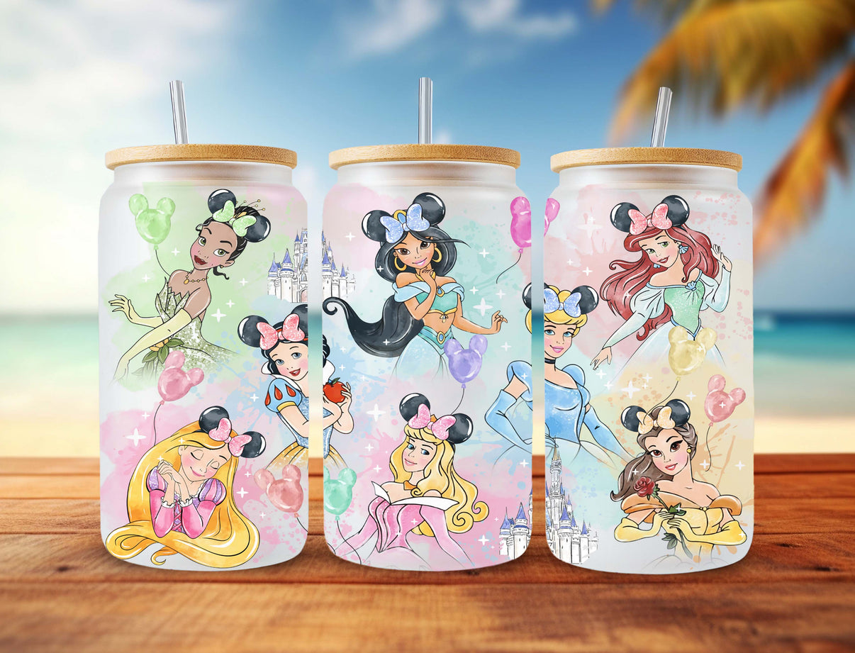 Vaso de vidrio con tapa de bambú 20oz con diseño de Princesas impreso en UV